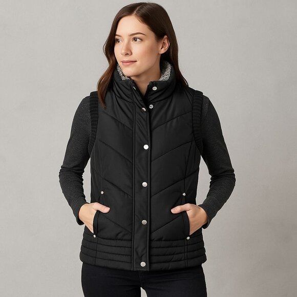 Carolyn Taylor Womens Quilted Black Puffer Vest W/ Knit Trim & Snap Buttons M - Picture 1 of 15
